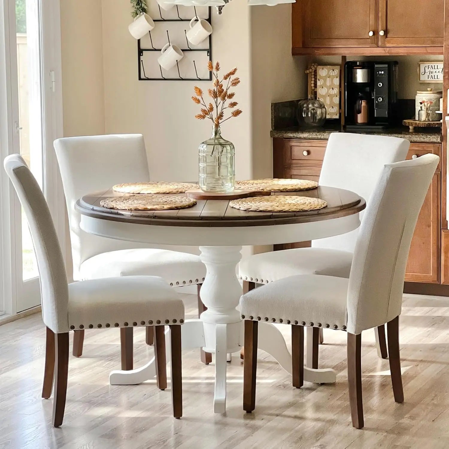 Upholstered Dining Chairs Set of 4, Parsons Style Linen Beige Accent Chairs with High Back, for Round Kitchen Table or Small Di