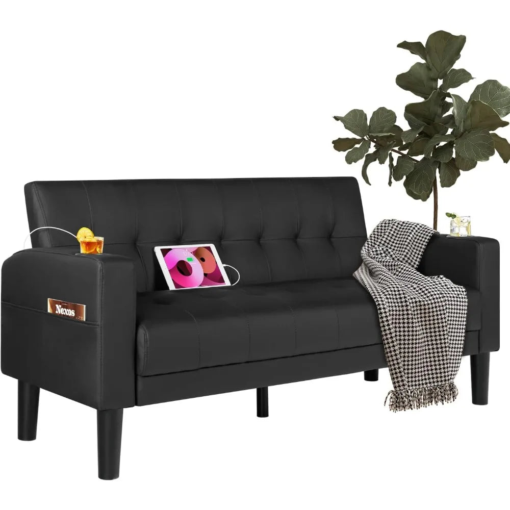 aileekiss 62" loveseat couches upholstered leather love seat sofas couch with 2 usb, cup holders, side pocket, mid-century moder