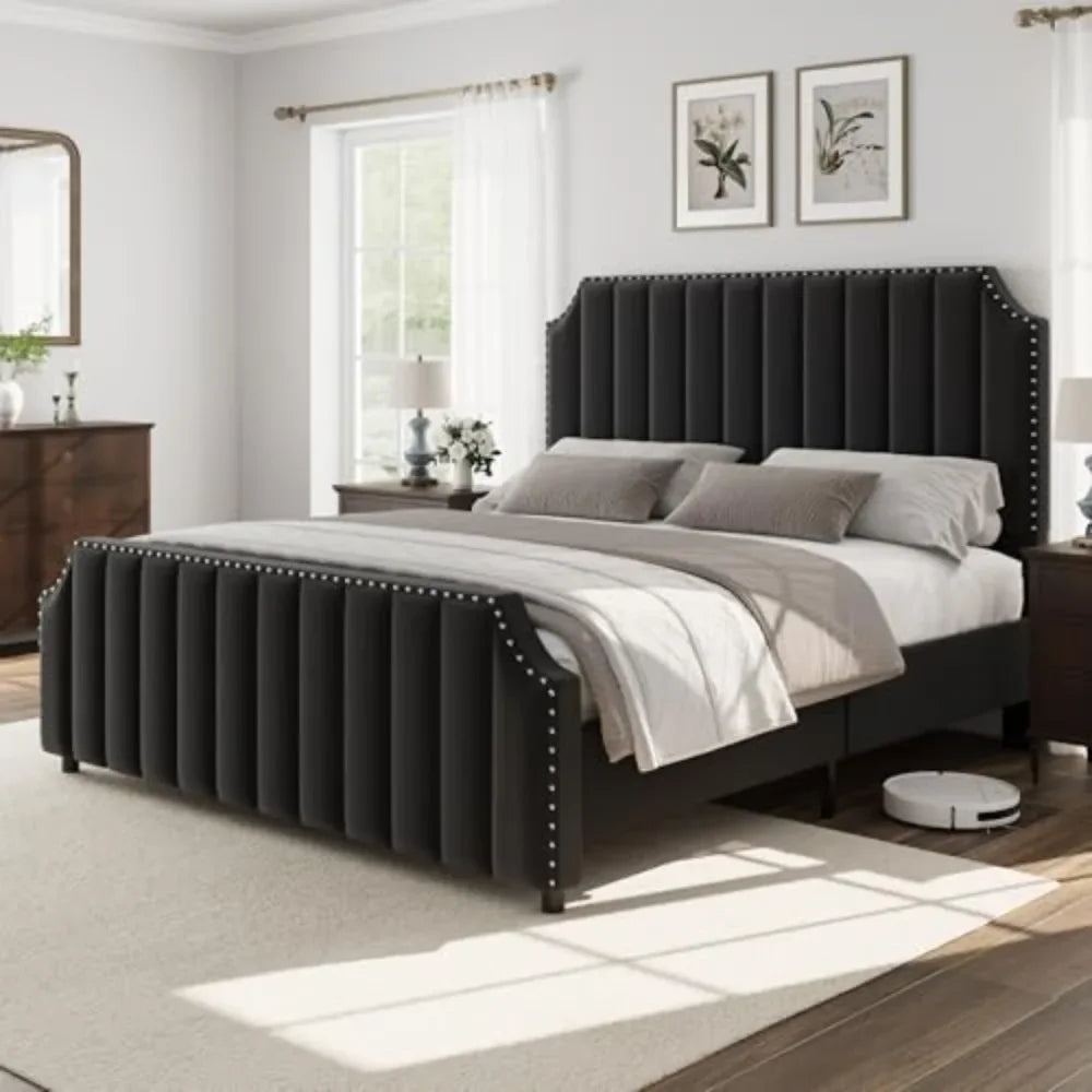 50.2" King Size Bed Frame w\/Headboard, Bed Frame King with Vertical Channel Tufted Headboard & Footboard, No Box Spring Needed