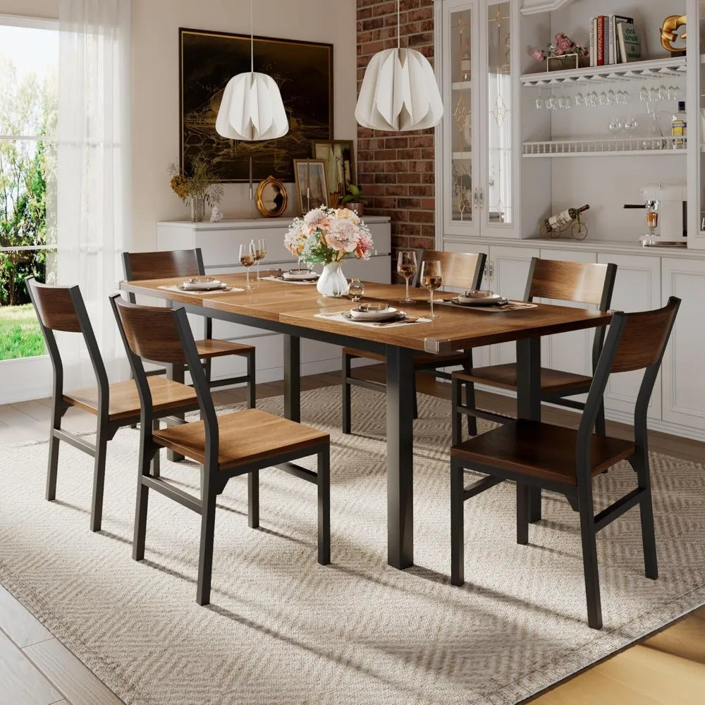 6-8 Seater Dining Table Set with 6 Chairs, 63" Extendable Kitchen Table Set, Solid Metal Frame Dining Room Table